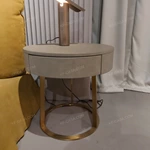 Modern Round Nightstand with Light Gray Leatherette & Gold Stainless Steel Base